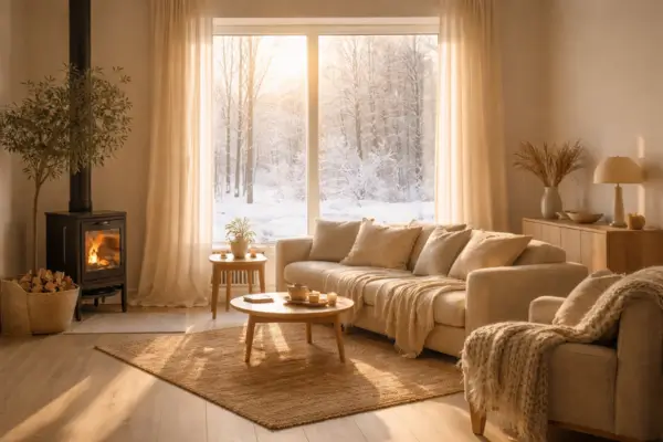 Sala de estar minimalista no inverno com luz solar natural, materiais naturais e layout que favorece conforto térmico e economia de energia