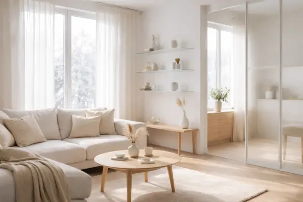 Sala de estar minimalista com luz natural abundante durante o inverno