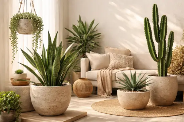 Sala decorada com plantas resistentes ao clima seco em vasos de design natural