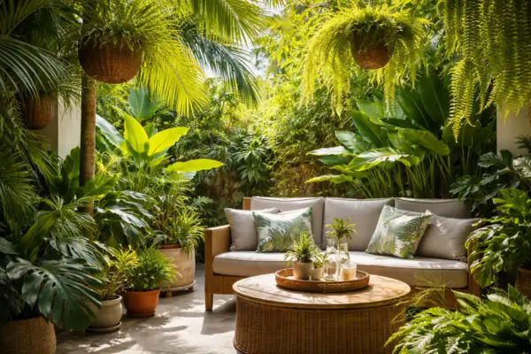 Ambiente tropical com plantas criando sombra natural e conforto térmico em área externa sustentável