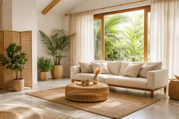 Sala minimalista em clima tropical com materiais naturais, tecidos leves e design sustentável para conforto térmico