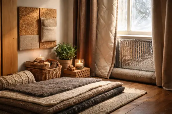 Ambiente interno com soluções DIY para aquecimento, incluindo cortinas térmicas, painéis isolantes, vedação de porta e tapetes espessos para retenção de calor