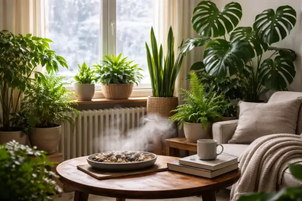 Plantas posicionadas estrategicamente em sala durante o inverno melhorando a umidade do ar e o conforto térmico interno