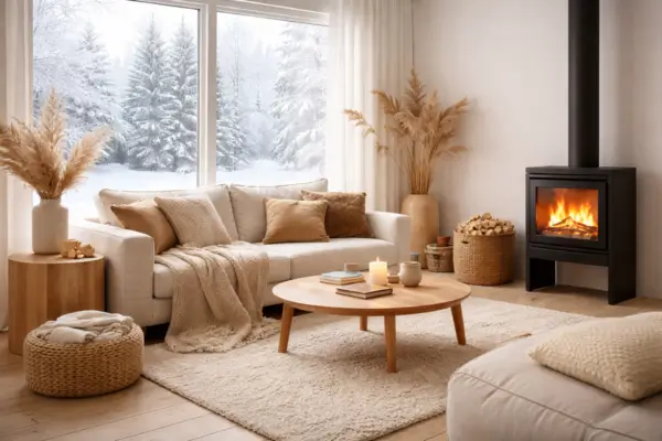 Ambiente minimalista ecológico aquecido com luz natural em clima frio, com sofá claro, materiais naturais e lareira