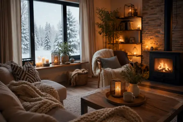 Sala confortável e aquecida no inverno com mantas, iluminação aconchegante e ambiente acolhedor